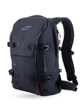 Alpinestars AMP-7 Backpack, Technical Motorcycle Touring Backpack, Black, Front Three-Quarter View Featuring Four Load Compression Straps, Ergonomic Padded Shoulder Straps, and Red Accent Pulls.
