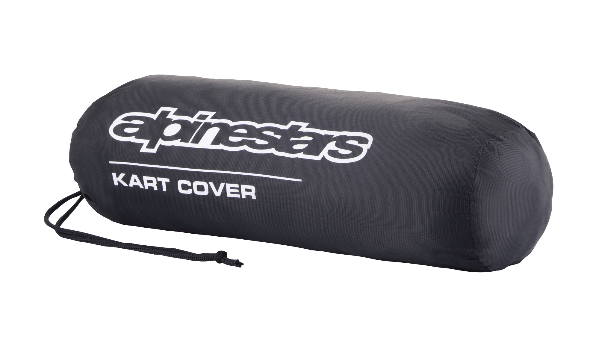Alpinestars Kart Cover storage bag, Black, featuring white Alpinestars logo and 'KART COVER' text, cylindrical shape with a drawstring closure, compact and portable design for motorsport gear.