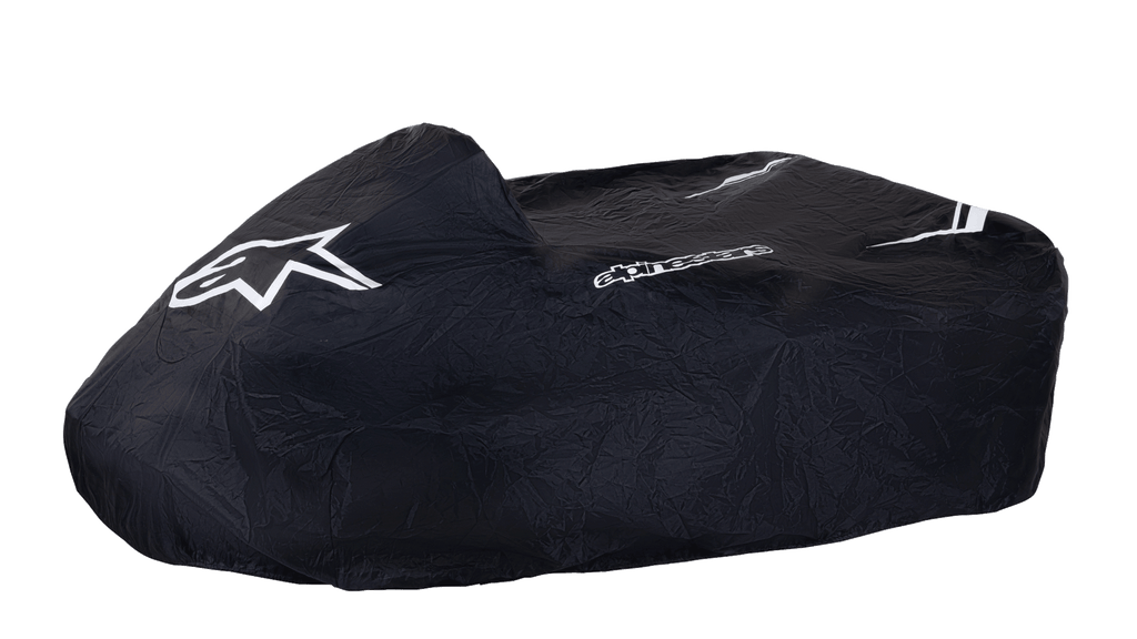 Alpinestars Kart Cover, Black, featuring white Alpinestars star logo and wordmark, protective go-kart cover, durable weather-resistant fabric with white stripe accents, structured design for paddock protection