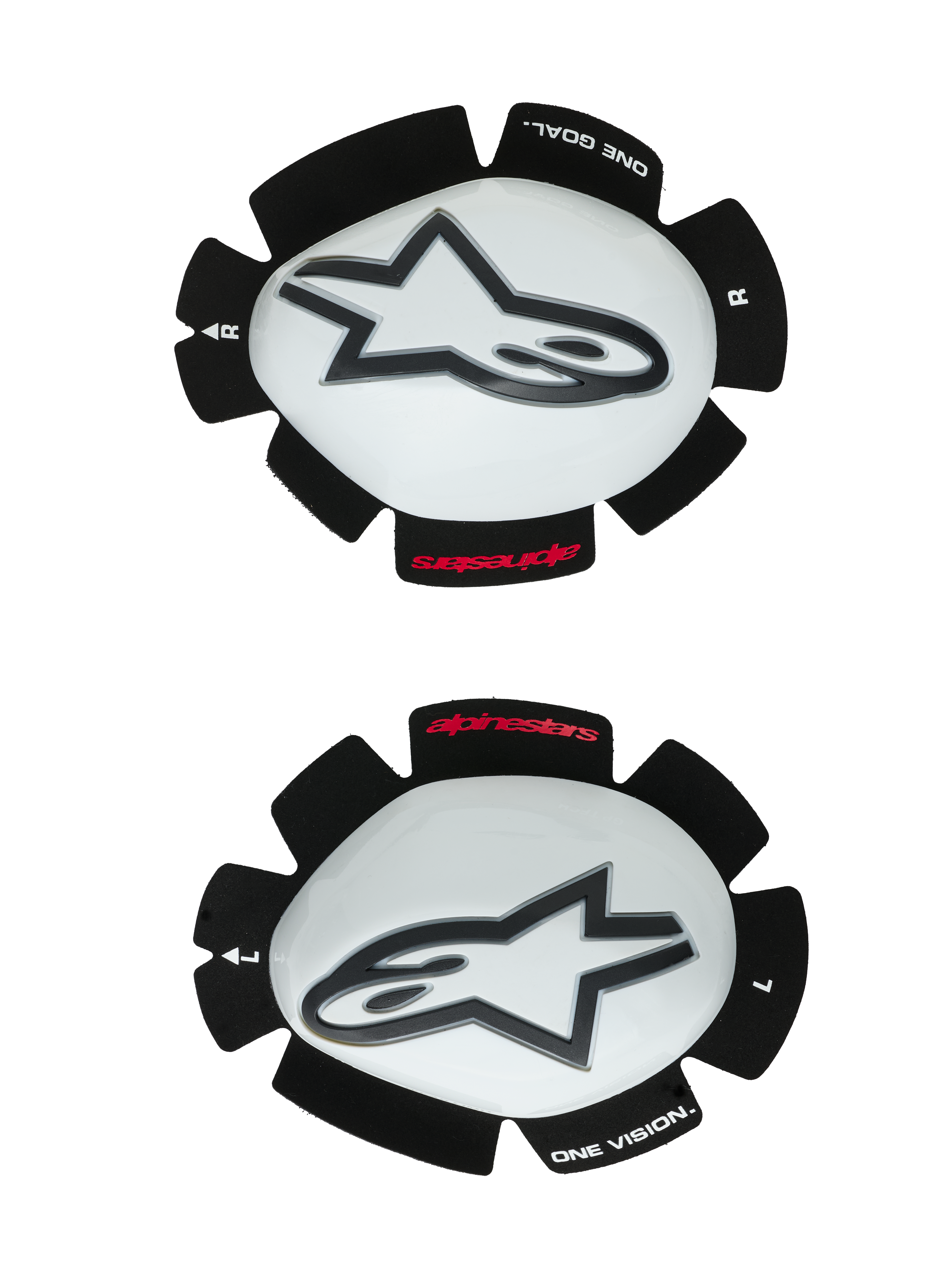 Alpinestars GP Tech Knee Sliders, Motorcycle Knee Protectors, White and Black, set of left and right sliders featuring white plastic shells with black Astar logos, hook-and-loop backing with 'ONE GOAL ONE VISION' text, high-performance racing gear