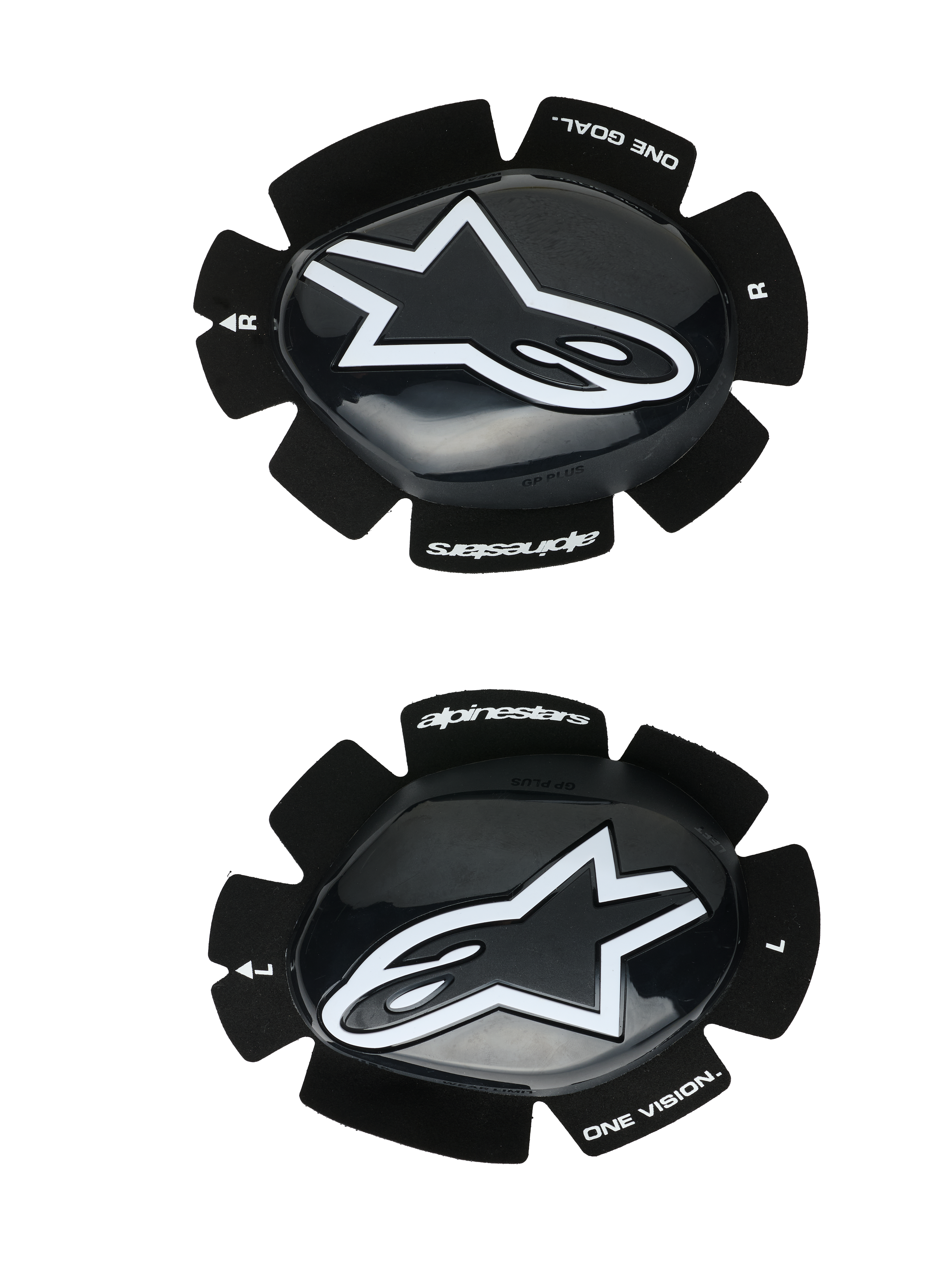 Alpinestars GP Plus Knee Sliders, Motorcycle Racing Knee Pucks, Black and White, glossy finish with white star logo, velcro attachment system, featuring "One Goal One Vision" branding, left and right set