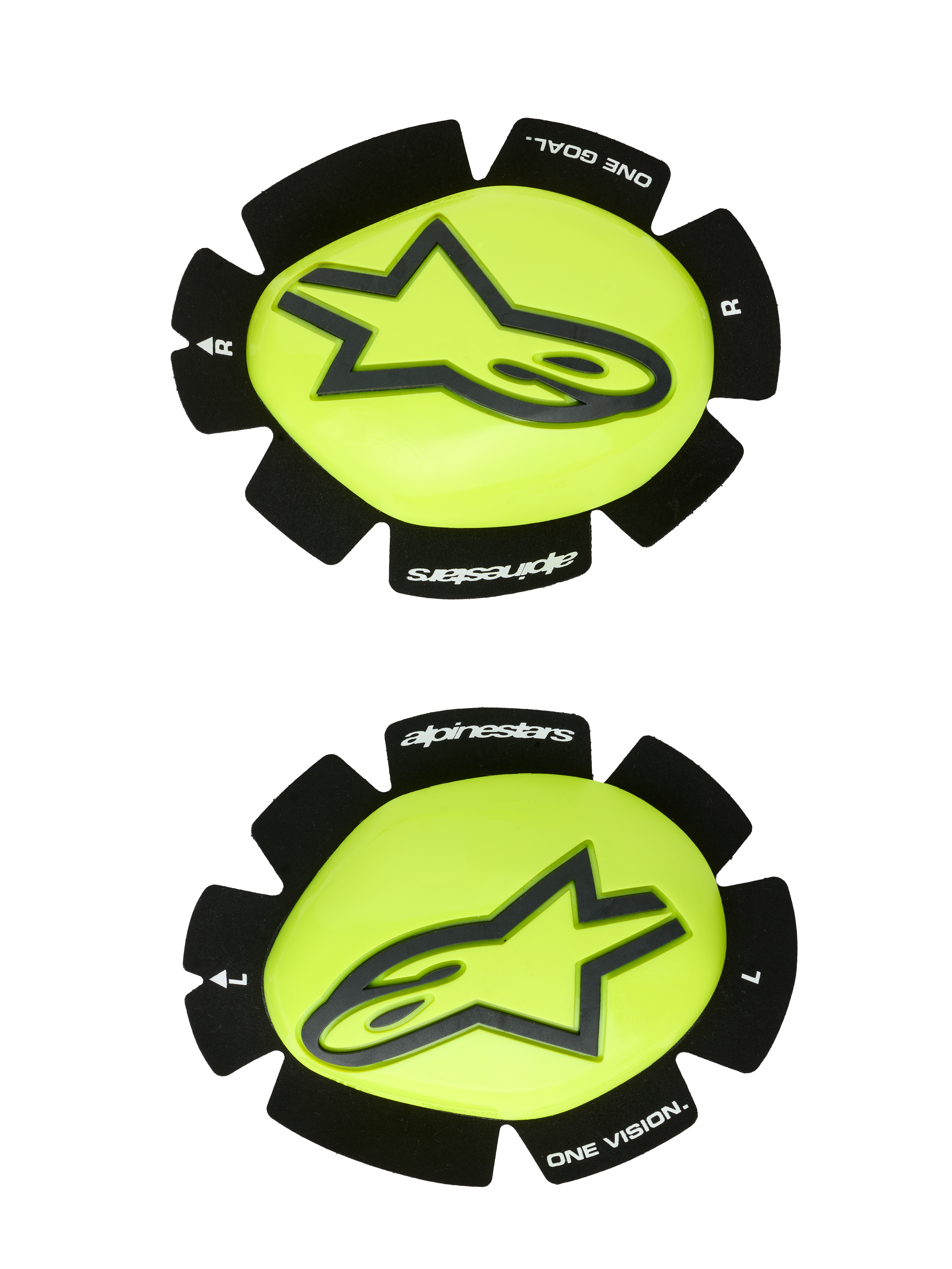Alpinestars GP Plus Knee Slider, Motorcycle Racing Knee Sliders, Yellow Fluo and Black, left and right pair featuring a black star logo on a glossy yellow surface, textured black edges with "alpinestars" and "ONE GOAL ONE VISION" branding, designed for track abrasion