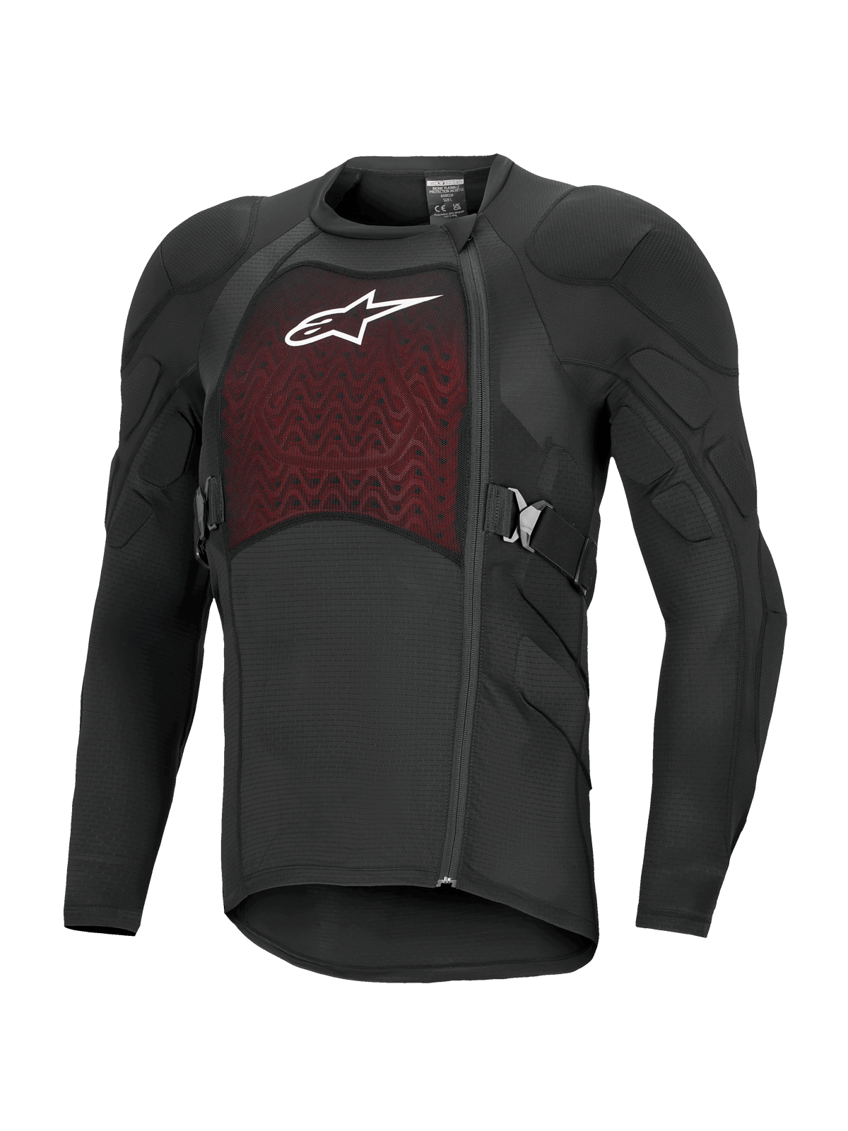Alpinestars Bionic Plasma LT Protection Jacket Long Sleeve, Black and Red, off-road motorcycle protective gear with padded shoulders and elbows, breathable mesh chest panel with white logo, offset side zipper, and adjustable side belts.