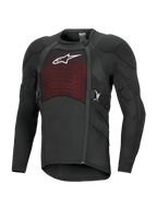 Alpinestars Bionic Plasma LT Protection Jacket Long Sleeve, Black and Red, off-road motorcycle protective gear with padded shoulders and elbows, breathable mesh chest panel with white logo, offset side zipper, and adjustable side belts.