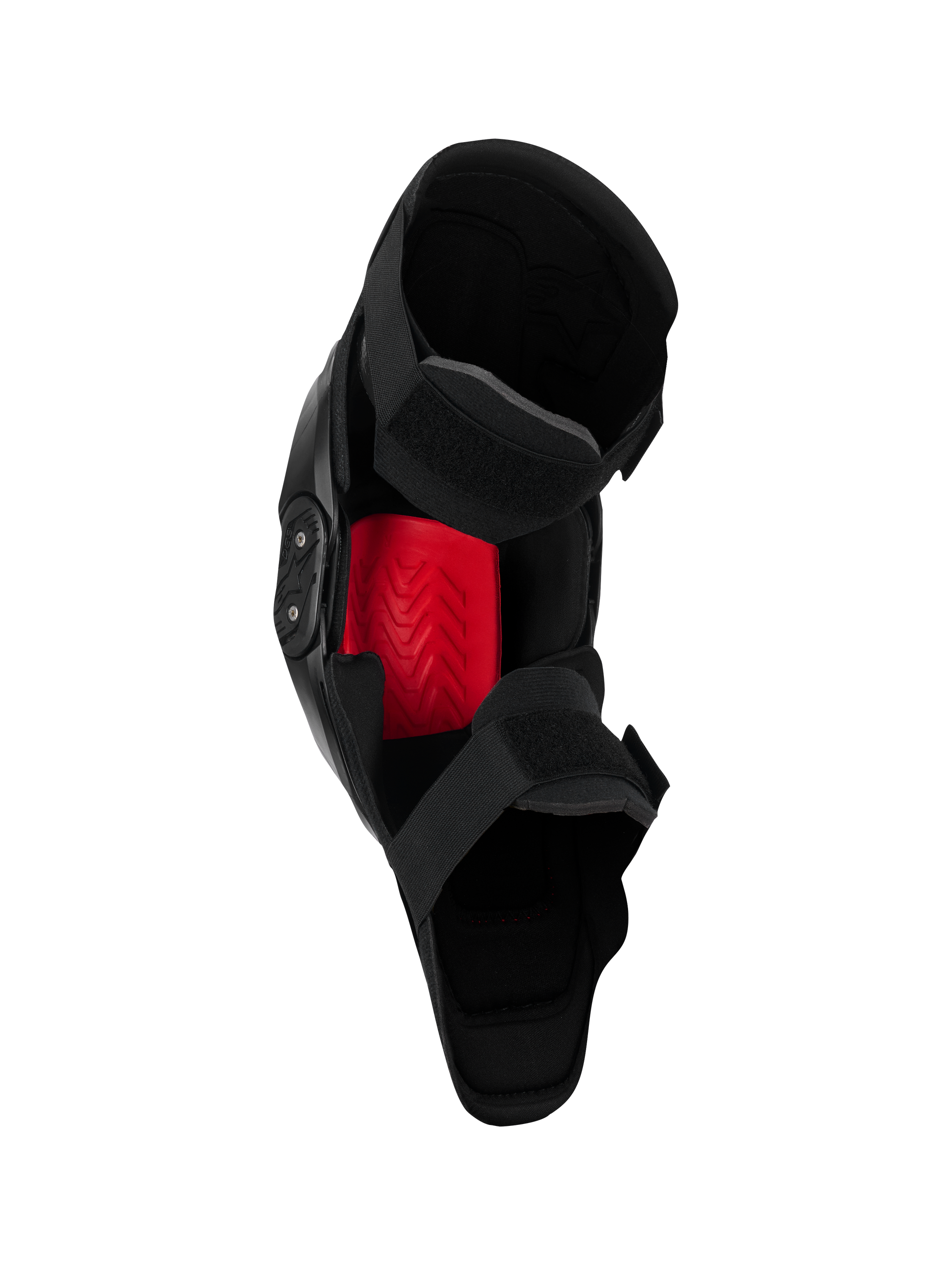Alpinestars SX-1 Plasma Knee Protector, Motocross Knee Guard, Black and Red, inner view highlighting the red Nucleon PLASMA insert and dual strap closure system, engineered for off-road performance.