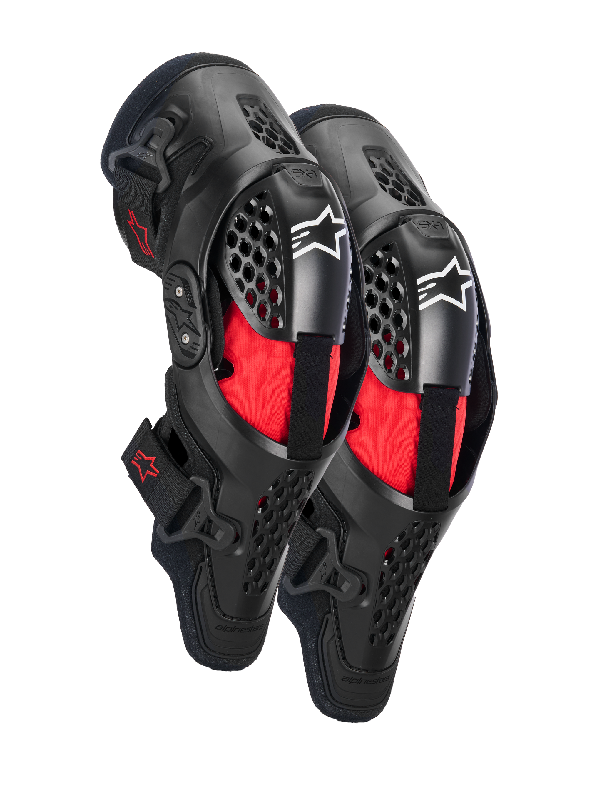 Alpinestars SX-1 Plasma Knee Protectors, Motocross Knee Protection, Black and Red, featuring semi-rigid ventilated frames, red inner padding, white Alpinestars logos on the kneecap, and a dual pivot hinge design for off-road performance