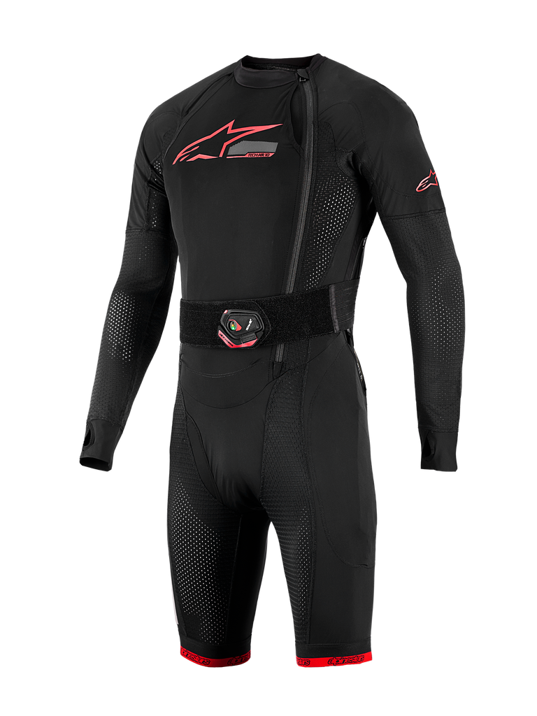 Tech-Air 10 V2 Race Airbag System, black base layer with red logos, LED activation belt, and breathable mesh panels.