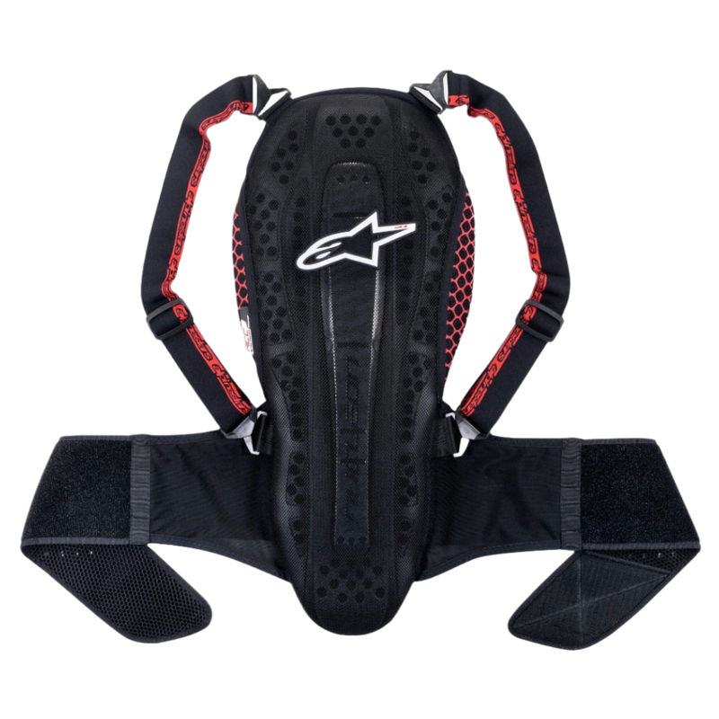 Alpinestars Nucleon KR-2 Back Protector, Black Smoke Red, featuring an articulated vertebrae-style design, adjustable shoulder straps with red accents, and a wide waist belt, lightweight motorcycle spine protection