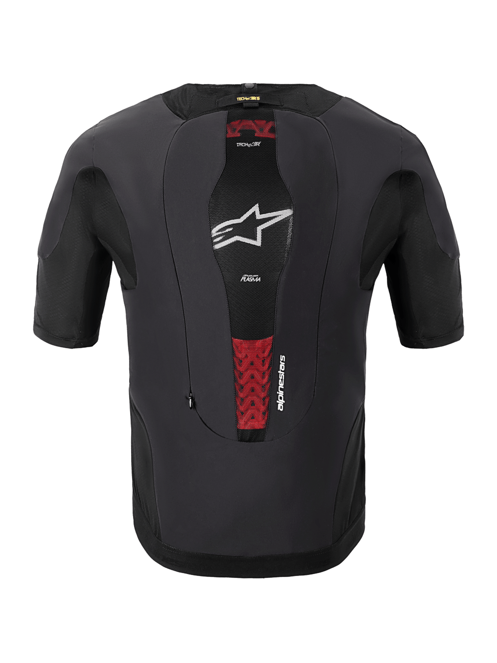 Alpinestars Tech-Air® 5 Plasma System, Motorcycle Airbag System, Rear View, Black, features a central mesh panel with a white star logo and red accents from the internal PLASMA back protector, slim-fit short-sleeved design for under-jacket protection