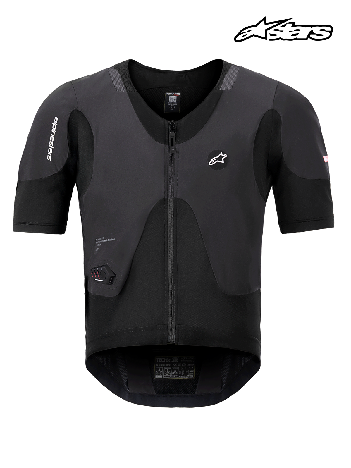 Alpinestars Tech-Air® 5 Plasma System, motorcycle airbag undergarment, black, CE certified upper body protection with breathable mono-layer stretch mesh and integrated Nucleon PLASMA back protector, front view