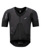 Alpinestars Tech-Air 5 Plasma System, Black Airbag Vest, front view showing short sleeves and central zipper, features Alpinestars branding and an integrated LED status display, ultra-slim protective undergarment for motorcycle safety