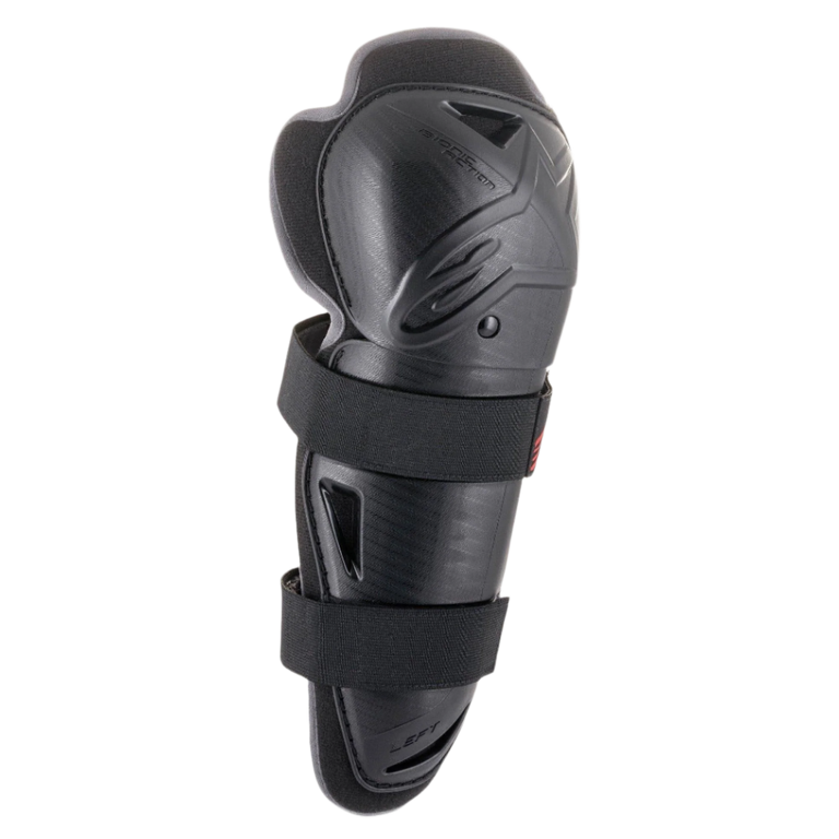 Alpinestars Youth Bionic Action Knee Protector, Motorcycle Knee Protector, Black, featuring an ergonomically profiled hard shell with dual elastic straps, asymmetric design for mobility, and foam padding for off-road and motocross protection