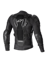 Alpinestars Bionic Action V2 Protection Jacket, Rear View, Black, featuring perforated Cell Technology back protector with white logo, mesh construction with integrated shoulder and elbow armor, designed for motocross and off-road protection