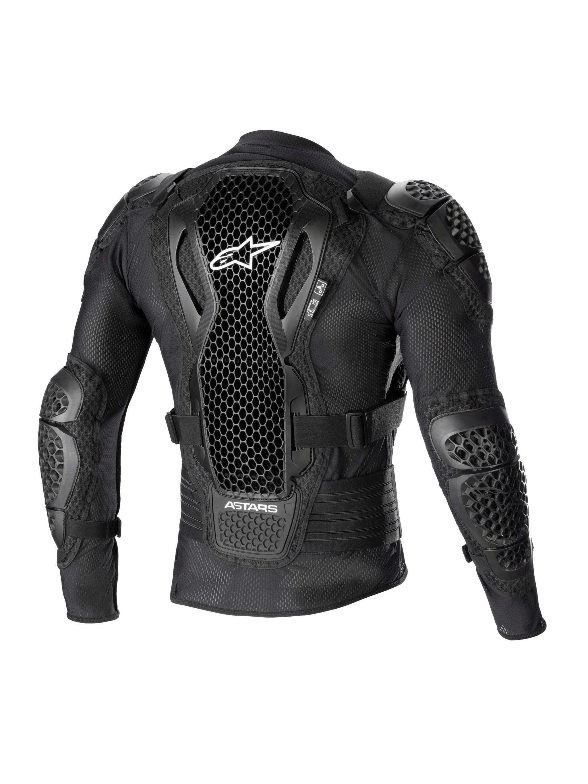 Alpinestars Bionic Action V2 Protection Jacket, Rear View, Black, featuring perforated Cell Technology back protector with white logo, mesh construction with integrated shoulder and elbow armor, designed for motocross and off-road protection