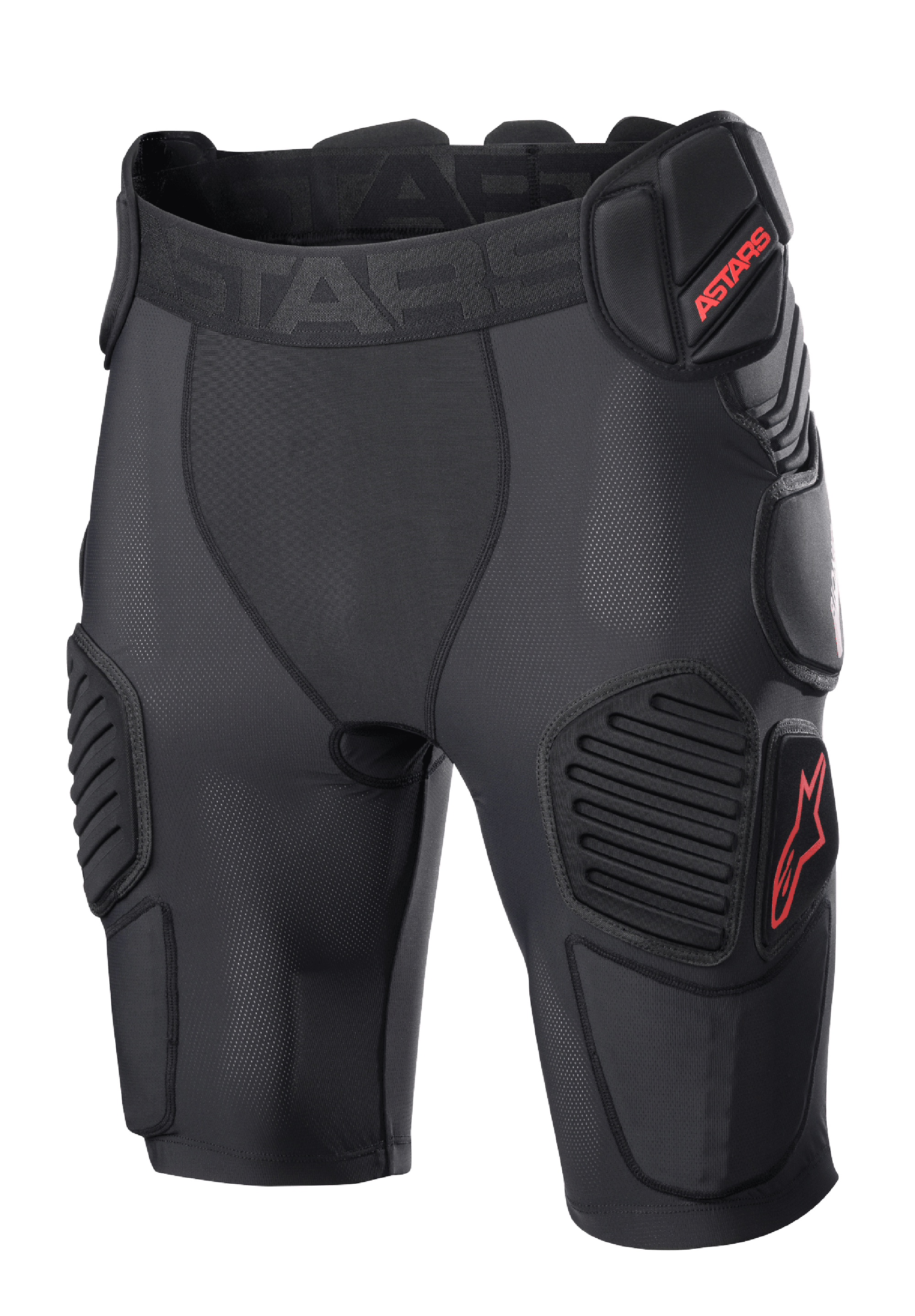 Alpinestars Bionic Pro Protection Shorts, Motocross Protective Shorts, Black and Red, featuring padded hip and thigh protection, breathable mesh sleeve, elastic waistband with red ASTARS logo, technical design for off-road impact protection