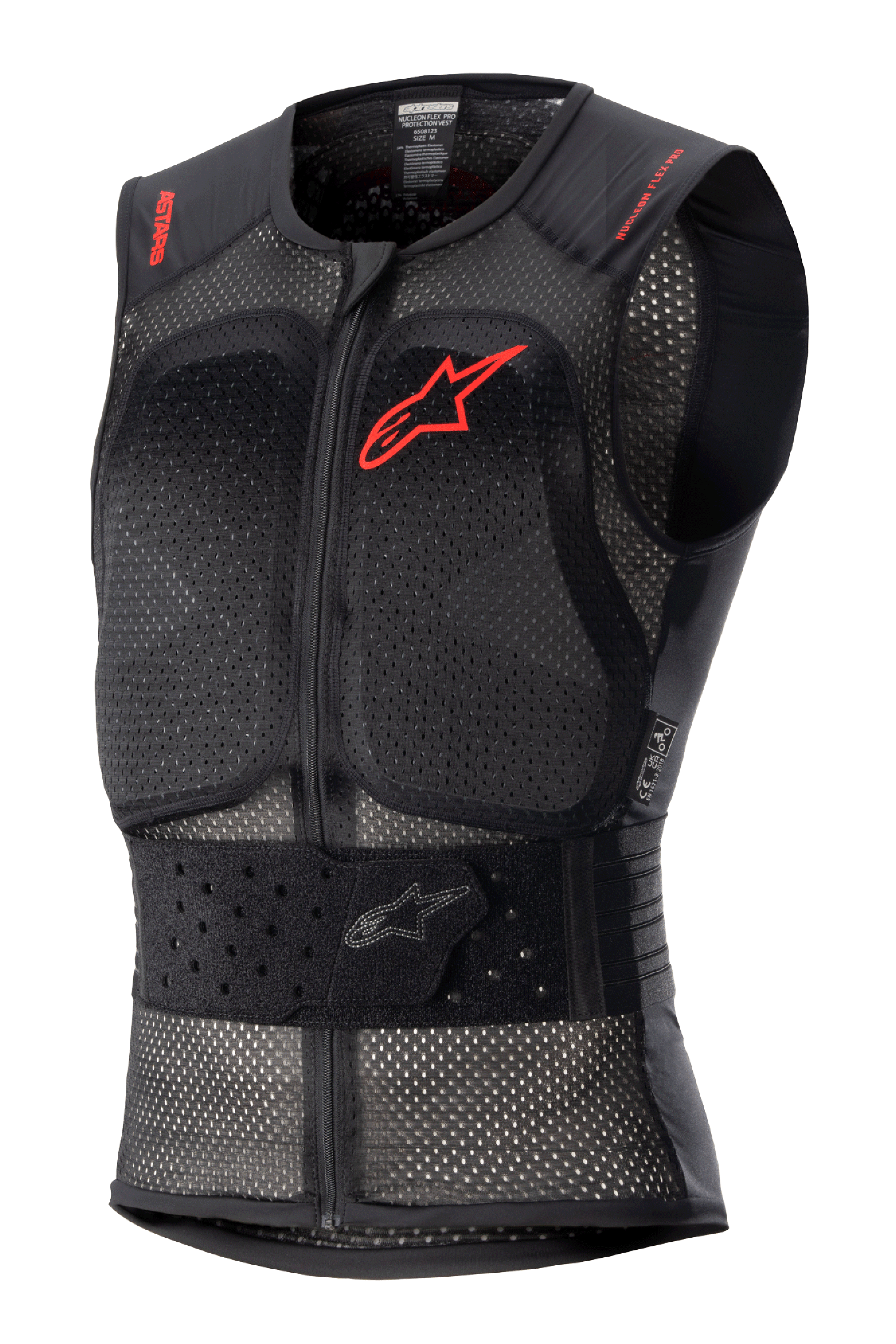 Alpinestars Nucleon Flex Pro Protection Vest, black sleeveless motorcycle body armor, perforated mesh chassis for airflow, red Alpinestars logo on chest and red text on shoulders, adjustable elasticated waist belt, front zipper, CE Level 2 certified back and chest protection