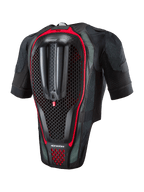 Alpinestars Tech-Air® 7X System, motorcycle airbag vest, rear view showing the integrated back protector with honeycomb texture, black mesh fabric with red highlights, ergonomic safety gear for road racing and track days