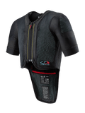 Alpinestars Tech-Air 7X System, Motorcycle Airbag Vest, Black, featuring a zippered front, ventilated mesh chassis with dotted texture, short sleeves, extended back protector, red interior trim, and Tech-Air 7X logo on the chest, designed for road racing and track performance