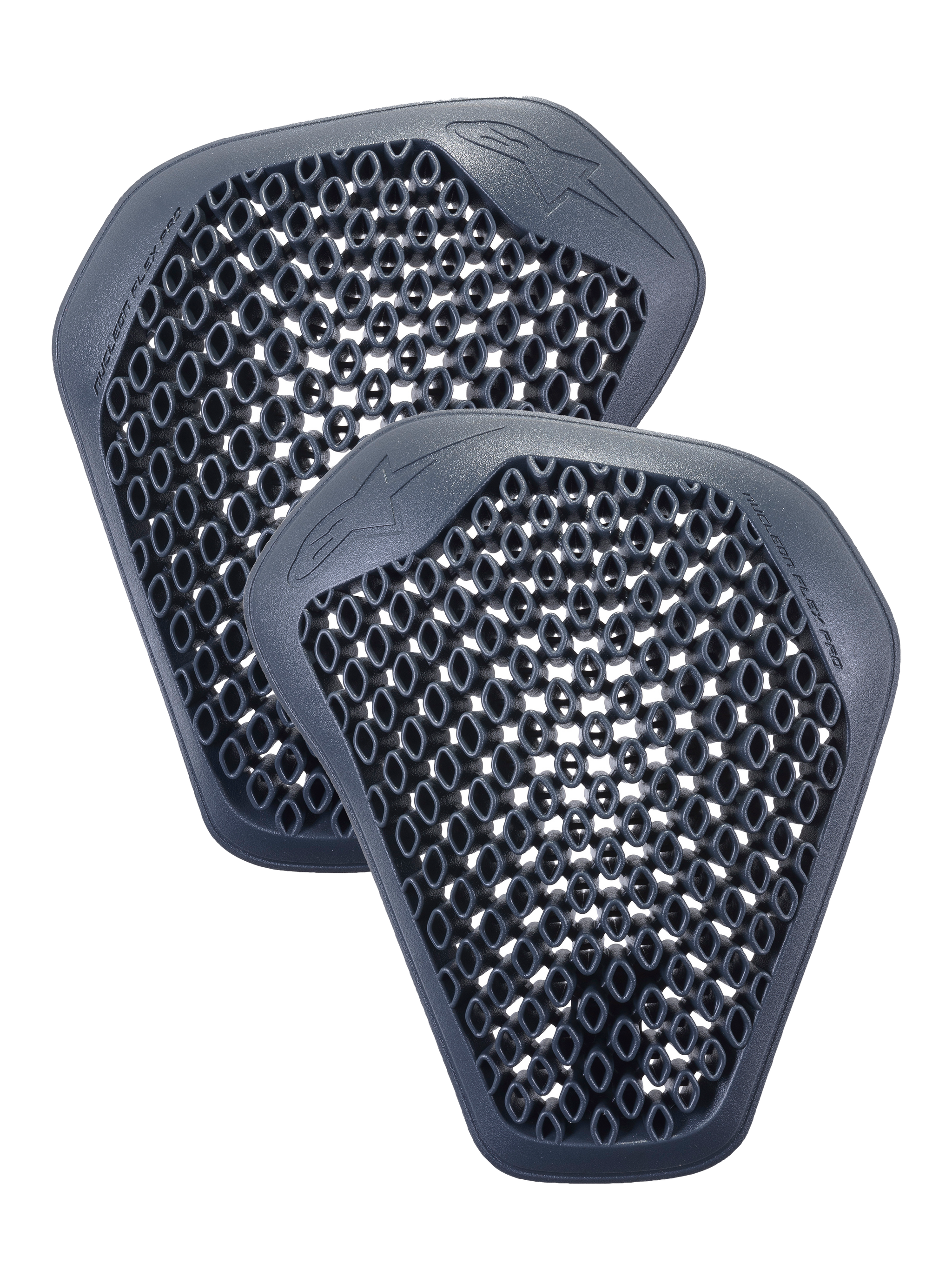 Alpinestars Nucleon Flex Pro Shoulder Protectors, pair of anthracite gray inserts with honeycomb cell structure, lightweight and ventilated ergonomic design for motorcycle riding jackets.