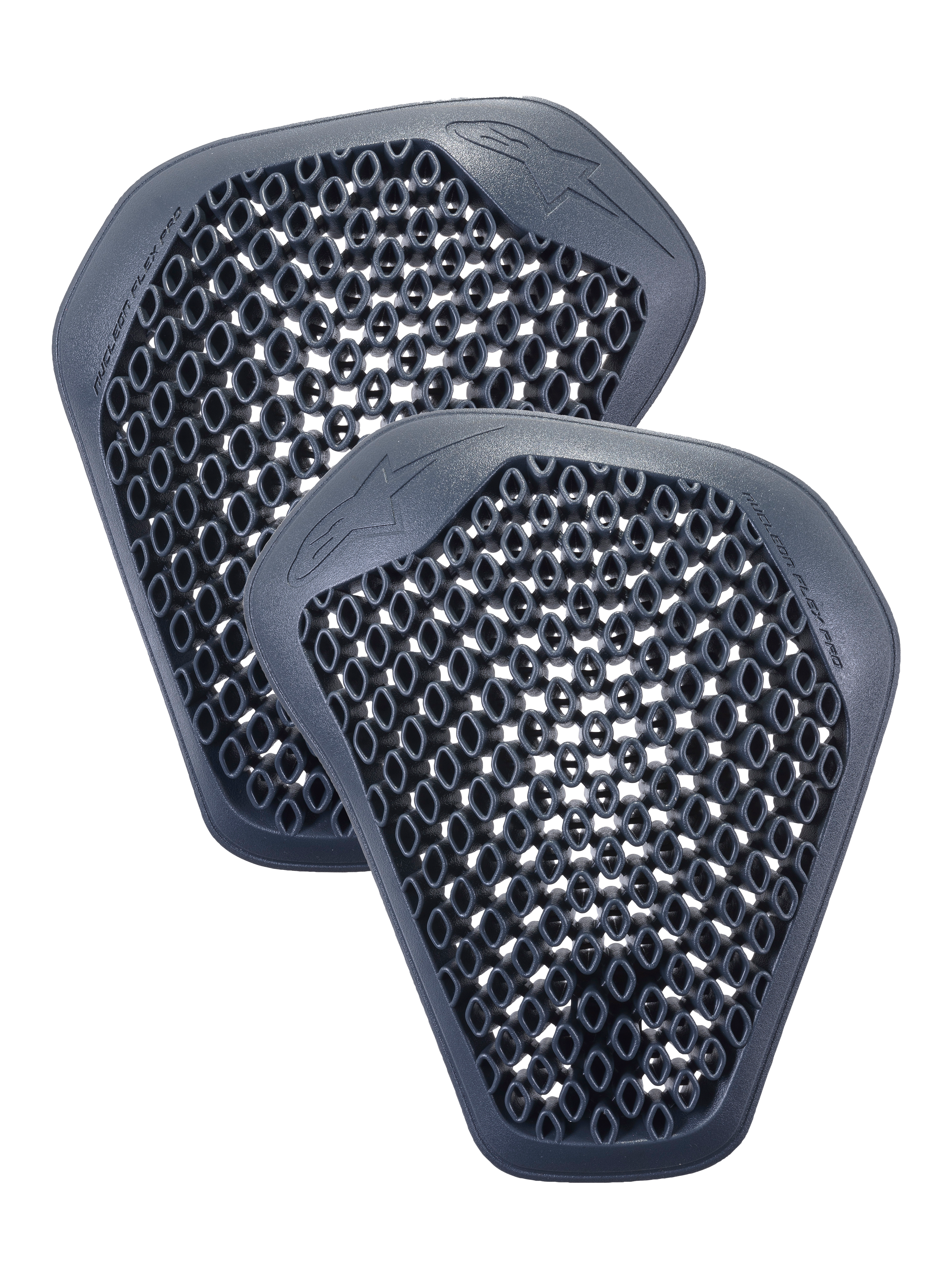 Alpinestars Nucleon Flex Pro Shoulder Protectors, pair of anthracite gray inserts with honeycomb cell structure, lightweight and ventilated ergonomic design for motorcycle riding jackets.