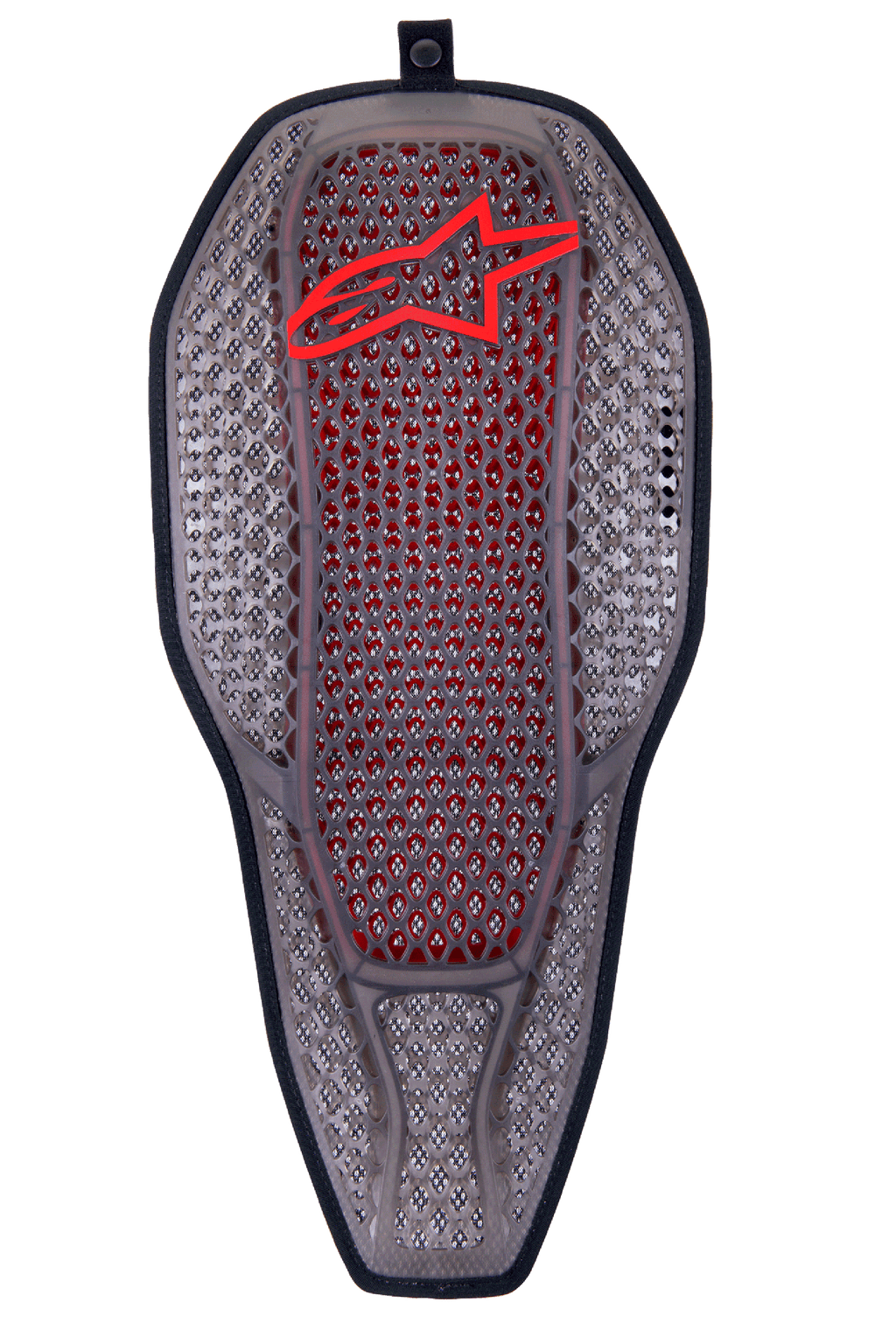 Alpinestars Nucleon Flex Proi Full Back Protector Insert, Transparent Smoke Red, smoke gray hexagonal cell structure with red inner core, red Alpinestars logo at the top, ergonomic elongated shield shape, highly ventilated motorcycle protection gear