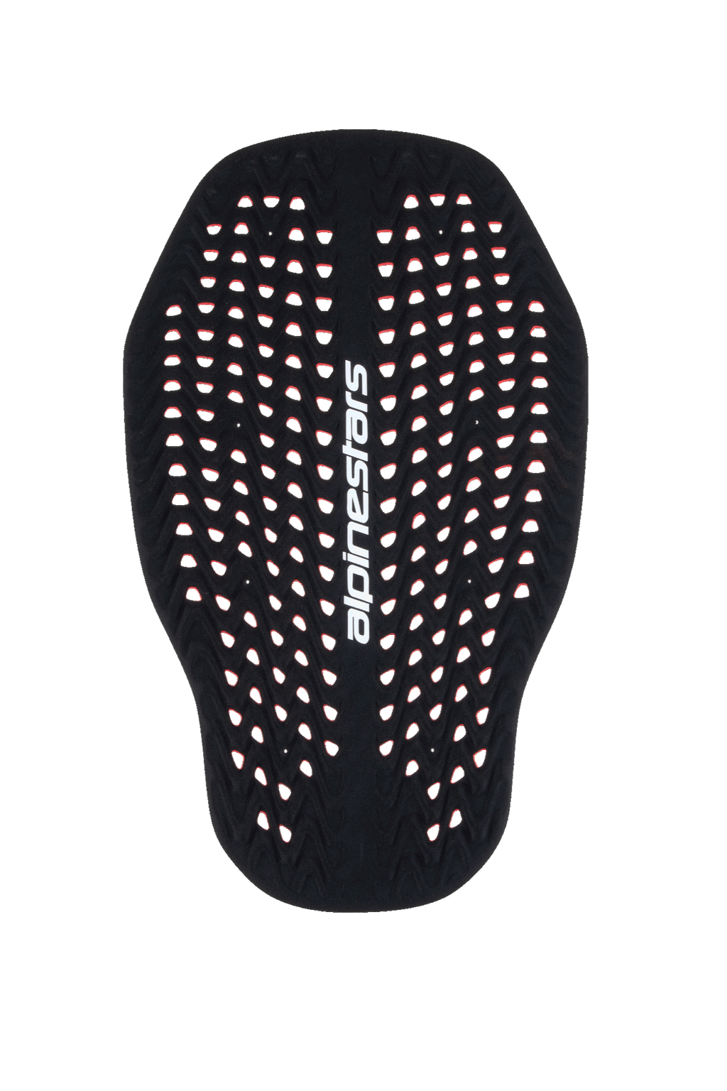 Alpinestars Nucleon Plasma Back Protector Insert, Black and Red motorcycle back protector, highly perforated honeycomb structure for ventilation, vertical white Alpinestars branding, lightweight and adaptive Level 2 CE certified impact protection.