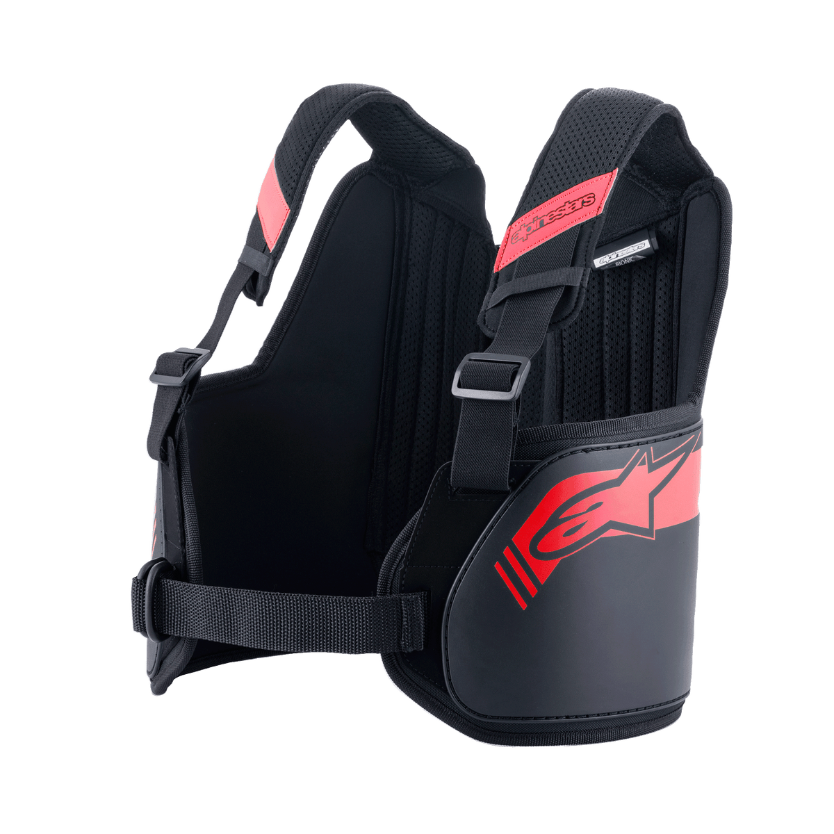 Alpinestars Bionic Rib Support, Karting Rib Protector, Black and Red, featuring adjustable shoulder straps with buckles, ergonomic contoured design with red logo, breathable mesh fabric for motorsport protection