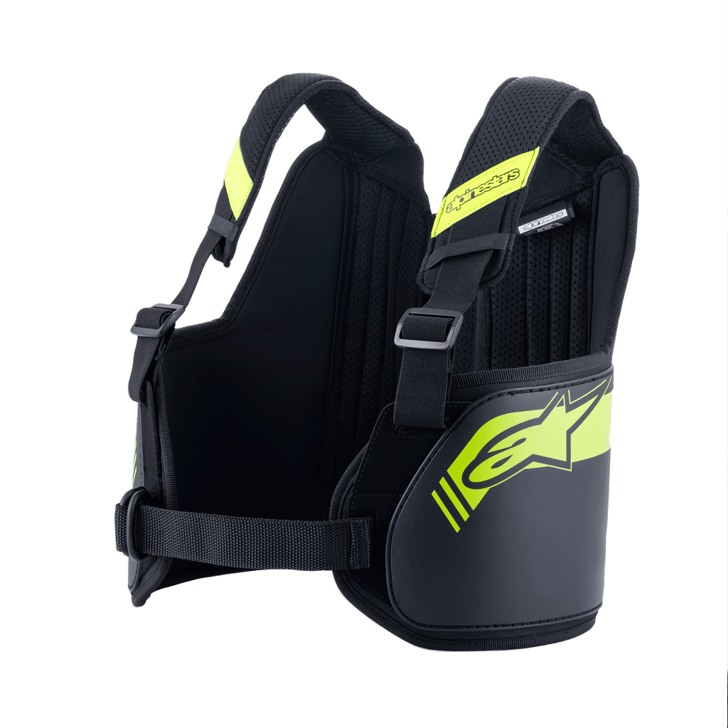 Alpinestars Bionic Rib Support, Karting Rib Protector, Black and Yellow Fluo, featuring adjustable straps and central chest belt, breathable mesh interior with padded panels, ergonomic design for kart racing protection