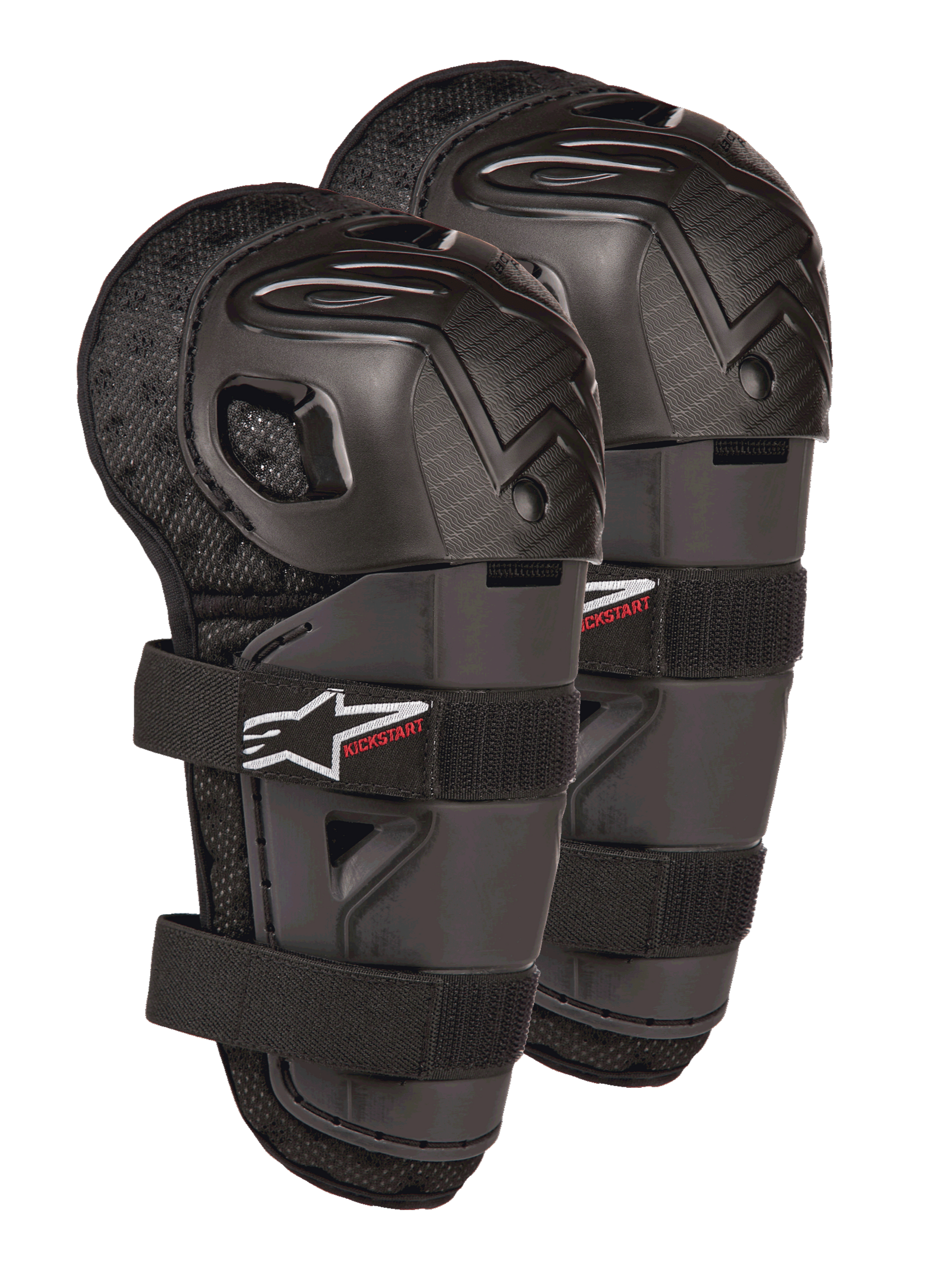 Alpinestars Bionic Action Kickstart Knee Guards, Youth Motocross Knee and Shin Protectors, Black with Red KICKSTART logo, articulated plastic shell and double elasticated straps, protective gear for young off-road riders