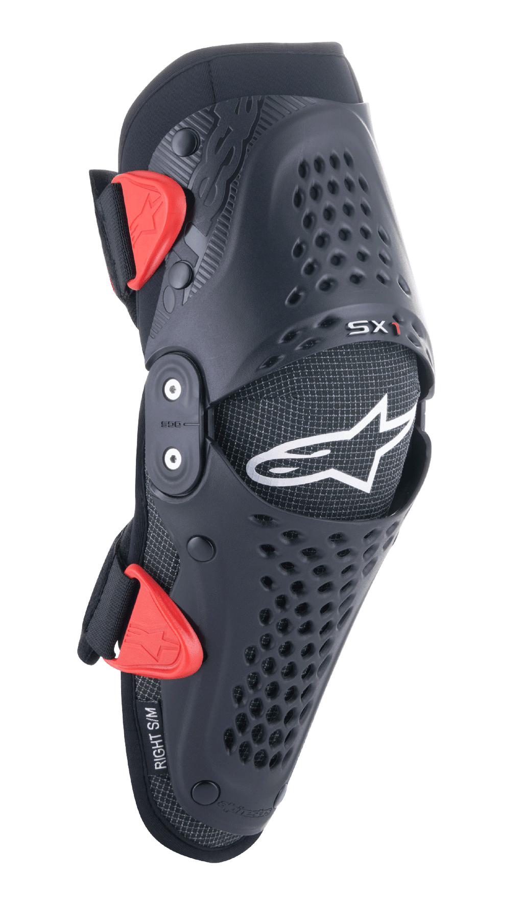 Alpinestars Youth SX-1 Knee Protectors, Motocross Knee Guards, Black and Red, featuring perforated ventilation holes, dual-pivot hinge system, adjustable straps with red buckles, white star logo, youth off-road motorcycle protection