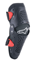 Alpinestars Youth SX-1 Knee Protectors, Motocross Knee Guards, Black and Red, featuring perforated ventilation holes, dual-pivot hinge system, adjustable straps with red buckles, white star logo, youth off-road motorcycle protection