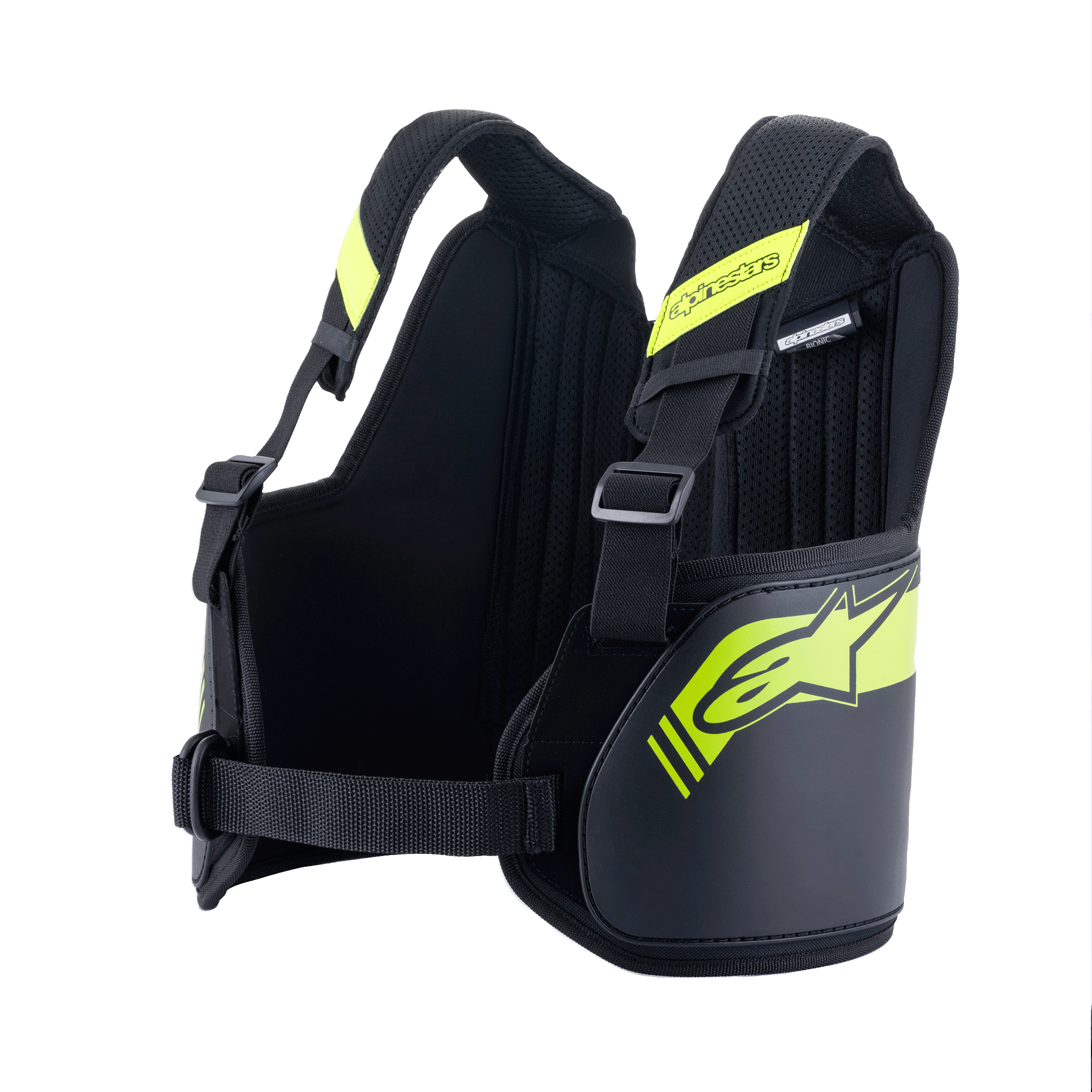 Alpinestars Youth Bionic Rib Support, Karting Rib Protector, Black and Yellow Fluo, adjustable shoulder straps and back panel, dual-density ergonomic guards with fiberglass core, breathable 3D mesh lining, youth kart racing safety gear