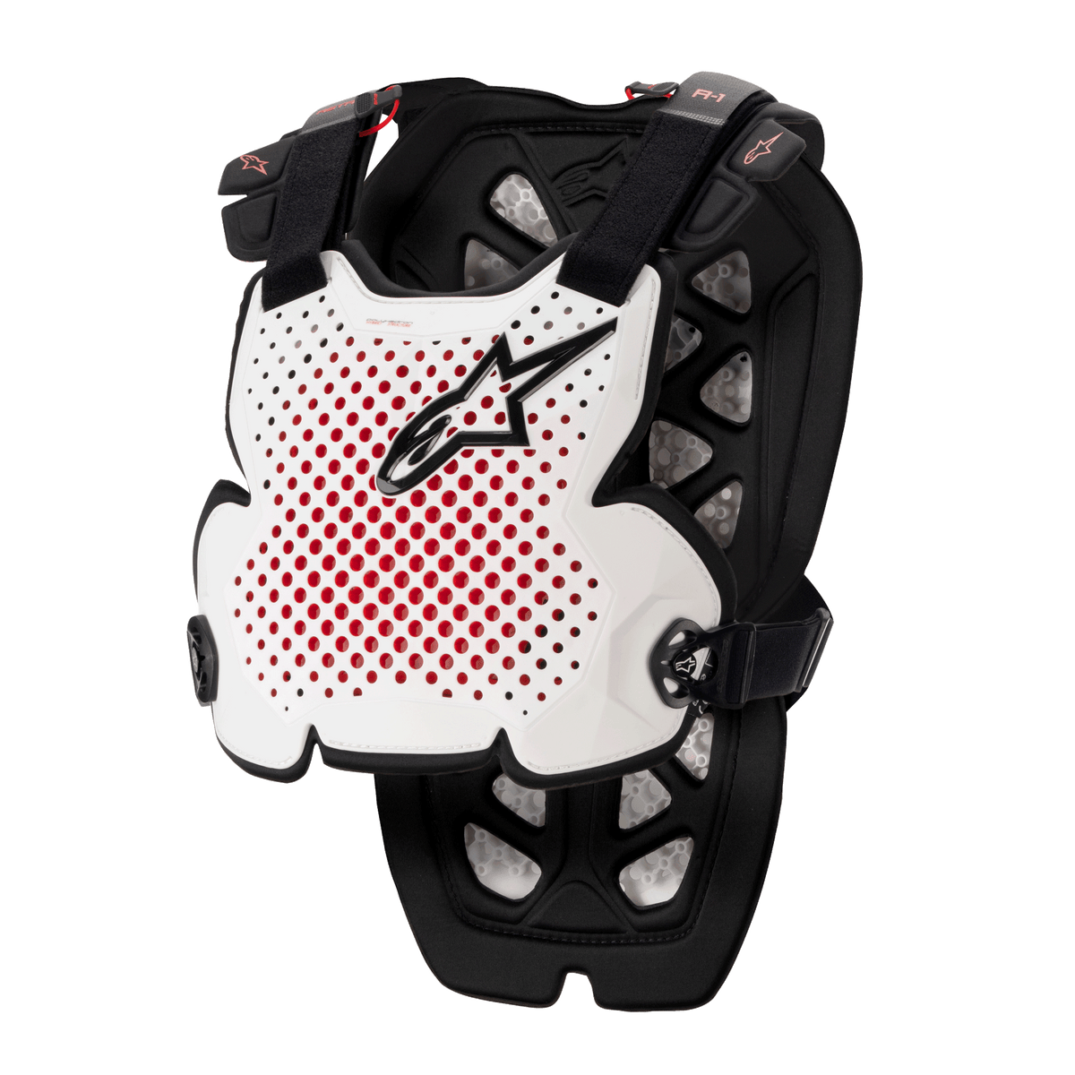 Alpinestars A-1 Pro Chest Protector, Motocross Body Armor, White Black and Red, featuring perforated ventilation with red interior, black star logo, adjustable black straps, lightweight protective padding for off-road racing