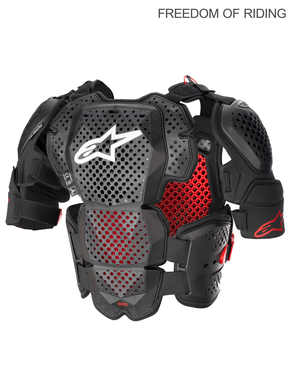 Alpinestars A-10 V2 Full Chest Protector, Motocross and Off-Road Body Armor for Men, Anthracite Black and Red, CE Level 2 Certified. Featuring Polyhedron Hybrid Technology for high ventilation, lightweight plastic shell with shoulder guards and ram air cooling channels.