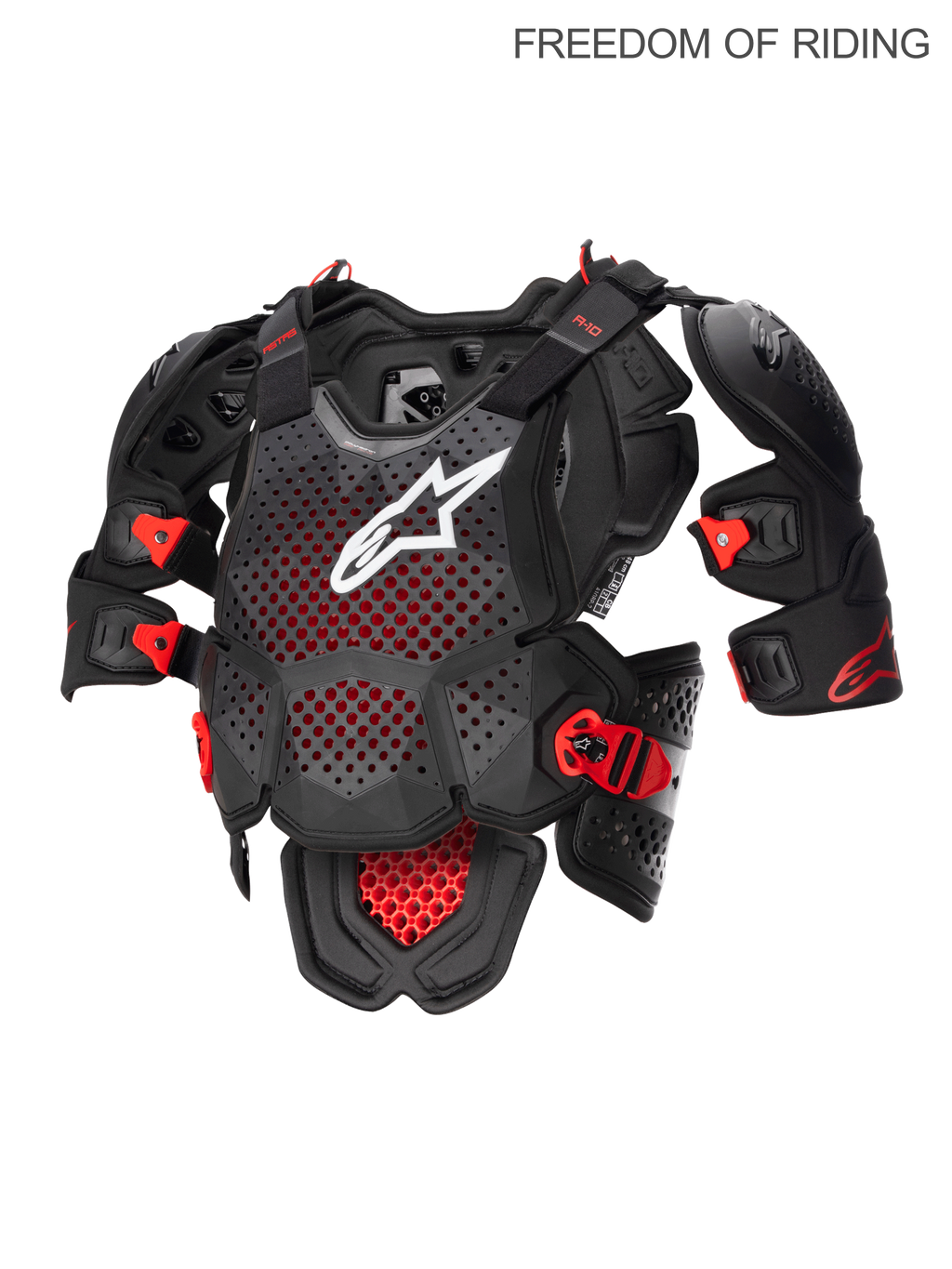 Alpinestars A-10 V2 Full Chest Protector, Motocross and Off-Road Body Armor for Men, Anthracite Black and Red, CE Level 2 Certified Polyhedron Hybrid Technology featuring a highly ventilated structure and integrated shoulder protectors for impact protection.