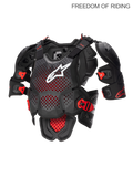 Alpinestars A-10 V2 Full Chest Protector, Motocross and Off-Road Body Armor for Men, Anthracite Black and Red, CE Level 2 Certified Polyhedron Hybrid Technology featuring a highly ventilated structure and integrated shoulder protectors for impact protection.