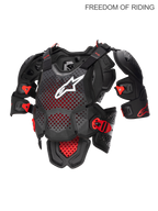Alpinestars A-10 V2 Full Chest Protector, Motocross and Off-Road Body Armor for Men, Anthracite Black and Red, CE Level 2 Certified Polyhedron Hybrid Technology featuring a highly ventilated structure and integrated shoulder protectors for impact protection.