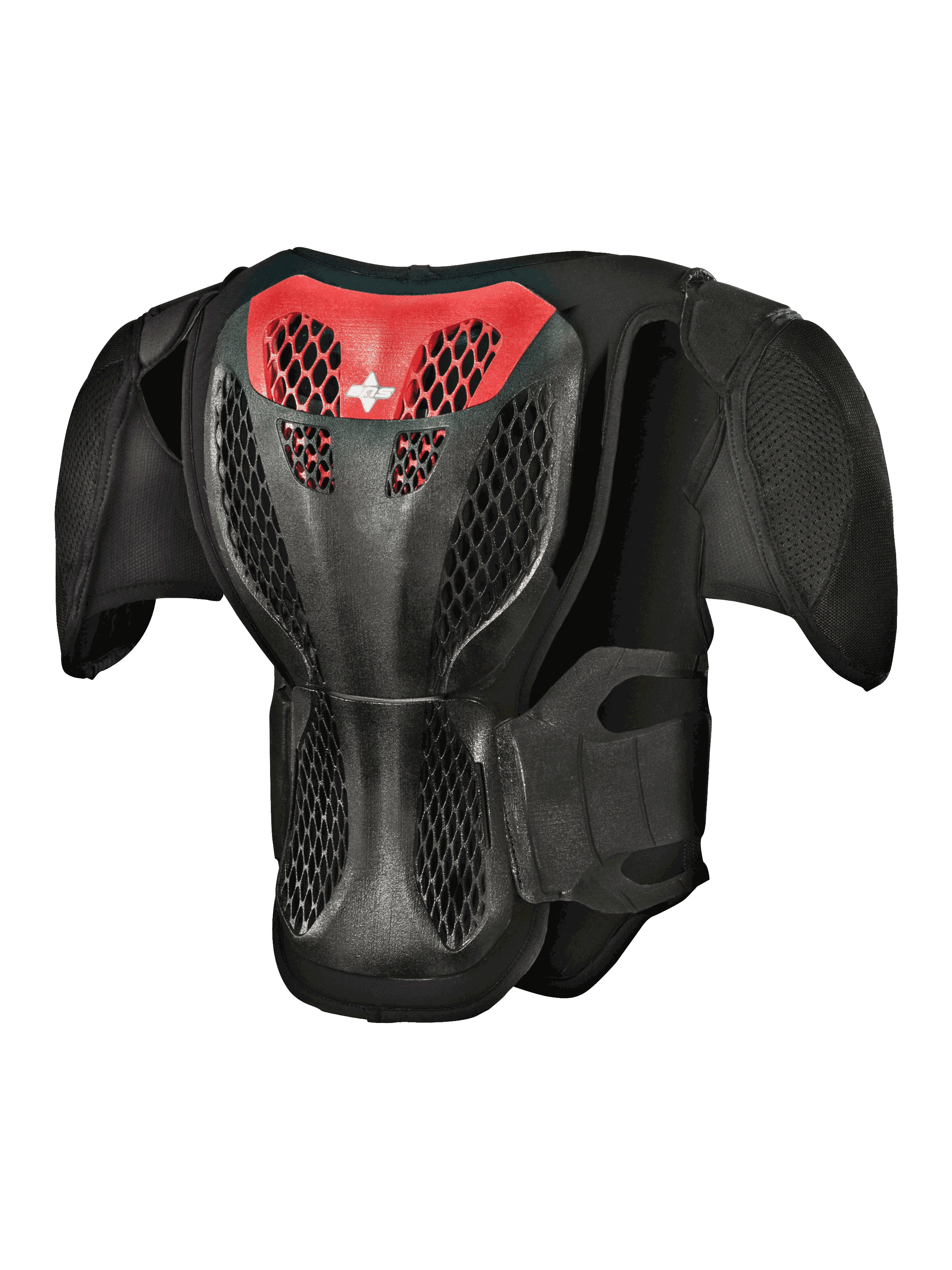 Alpinestars Youth A-5 S Body Armour, Back View, Black and Red, featuring a protective grid lattice back plate, ventilated honeycomb structure, and integrated shoulder pads for off-road motocross protection
