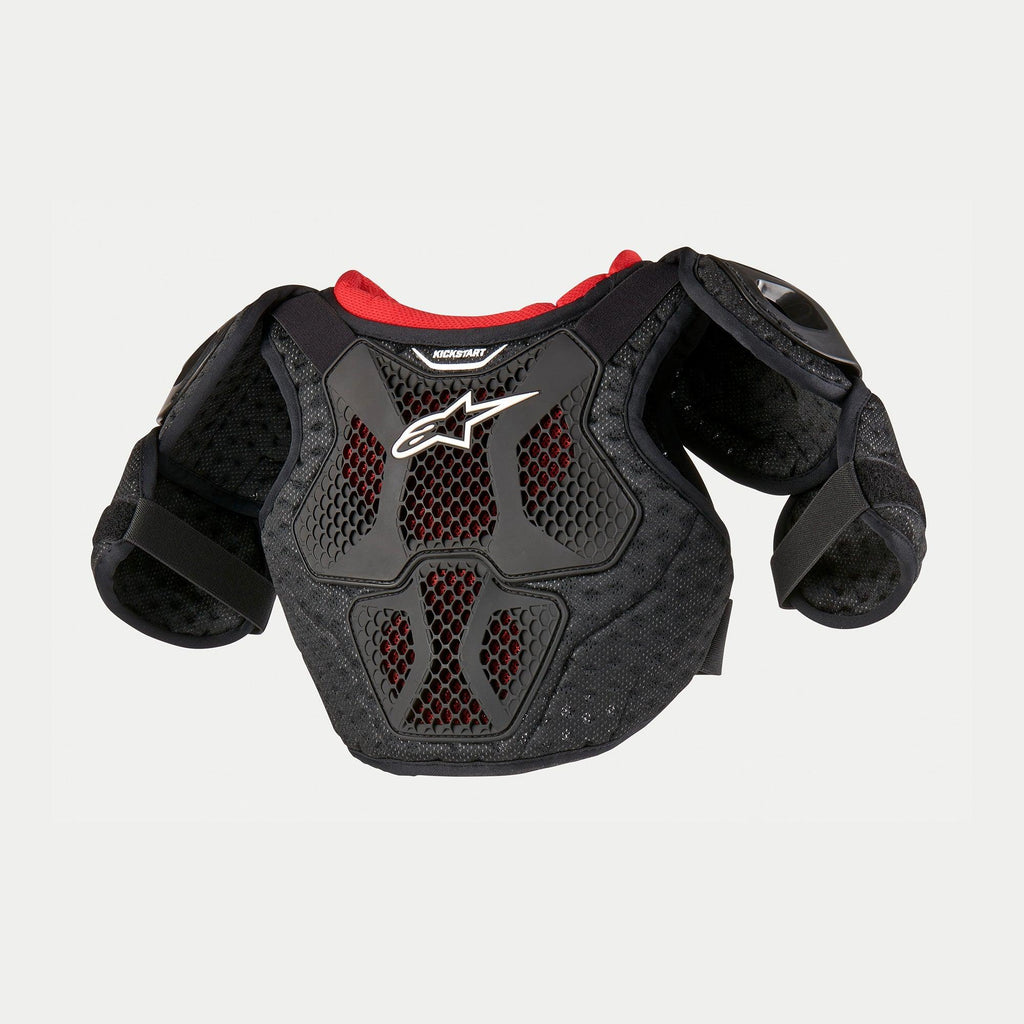 Alpinestars Youth Bionic Action Kickstart Chest Guard, Motocross Chest Protector, Black and Red, featuring semi-rigid TPR plates with ventilated honeycomb mesh, white Alpinestars logo, and protective shoulder and bicep guards.