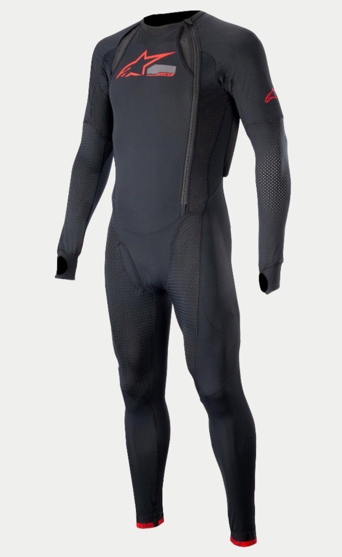 Alpinestars Tech-Air® 10 Race System Long Base Layer, full-body motorcycle undersuit, Black with Bright Red accents, featuring mesh ventilation panels, thumb loops, and a technical design for track and road airbag integration