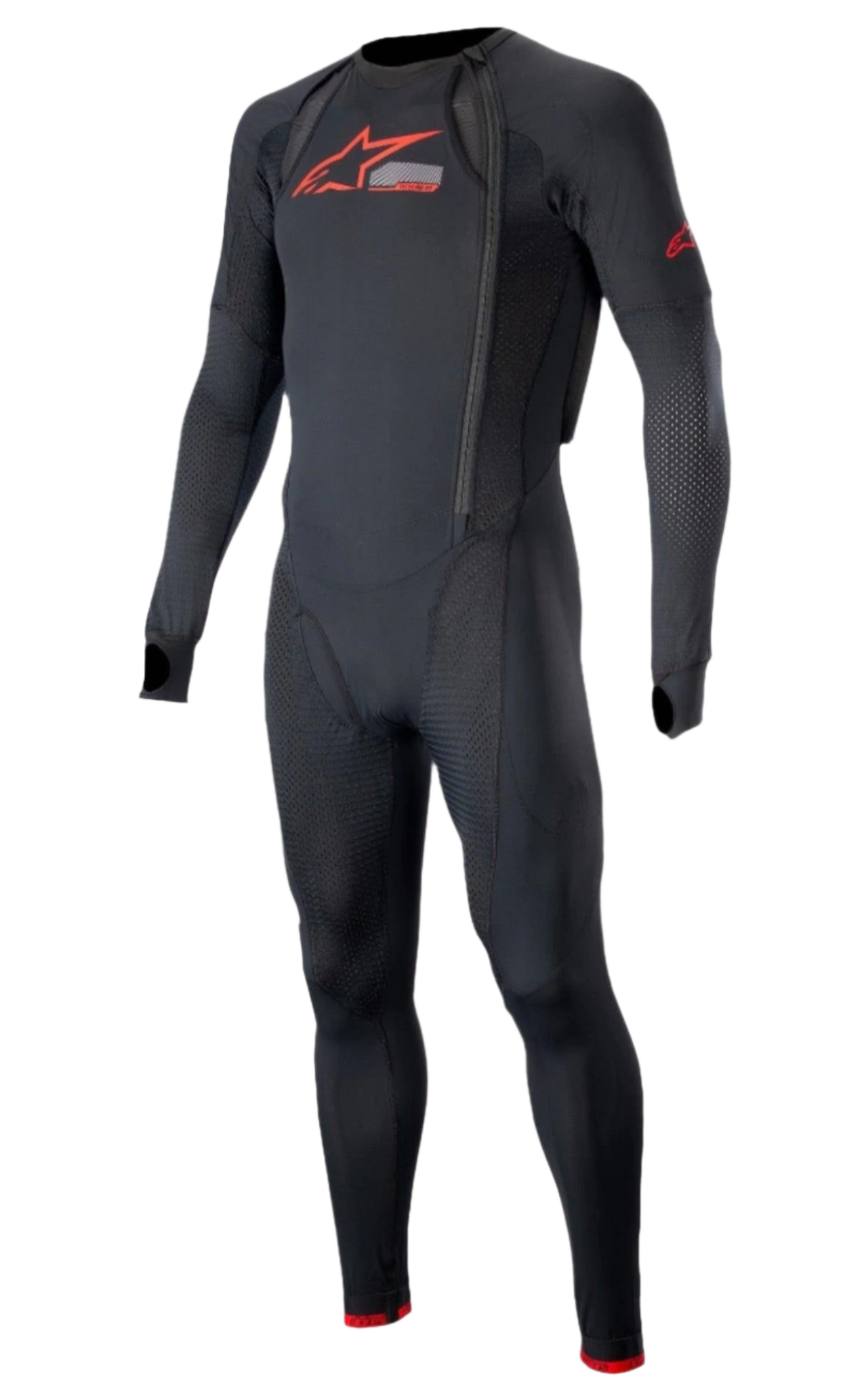 Alpinestars Tech-Air® 10 Race System Long Base Layer, full-body motorcycle undersuit in Black and Bright Red, featuring breathable perforated mesh panels, lateral zippers for airbag integration, thumb loops, and red Alpinestars logos on the chest and arm.