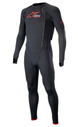 Alpinestars Tech-Air® 10 Race System Long Base Layer, full-body motorcycle undersuit in Black and Bright Red, featuring breathable perforated mesh panels, lateral zippers for airbag integration, thumb loops, and red Alpinestars logos on the chest and arm.