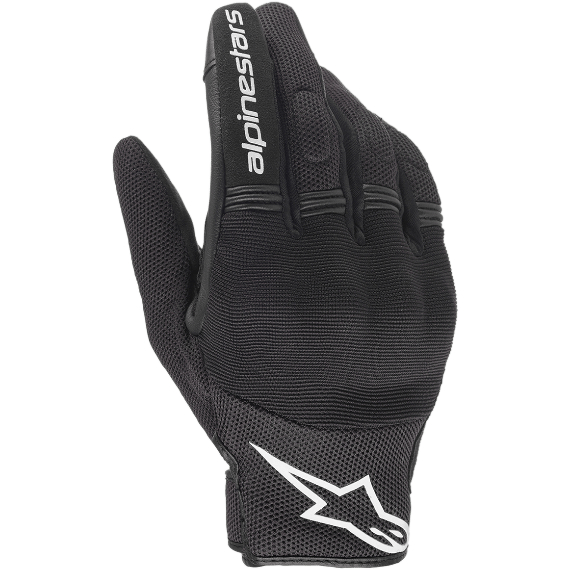 Alpinestars Copper Gloves, Urban Motorcycle Gloves, Black and White, backhand view showing mesh and textile construction, white Alpinestars logo on the wrist and lettering on the index finger, featuring accordion stretch panels and integrated knuckle protection.