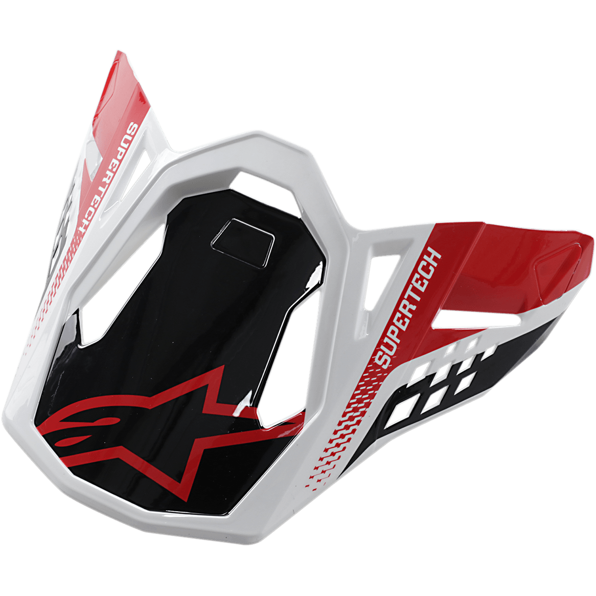 Alpinestars S-M8 Helmet Visor Triple, Motocross Helmet Accessory, Black Red and White, featuring SUPERTECH branding and red Alpinestars logo, angular geometric design with a glossy finish, replacement peak for Supertech M8 off-road helmet