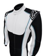 Alpinestars Tech Vision V3 Custom Auto Racing Suit, white and black with blue trim, FIA-certified performance gear.