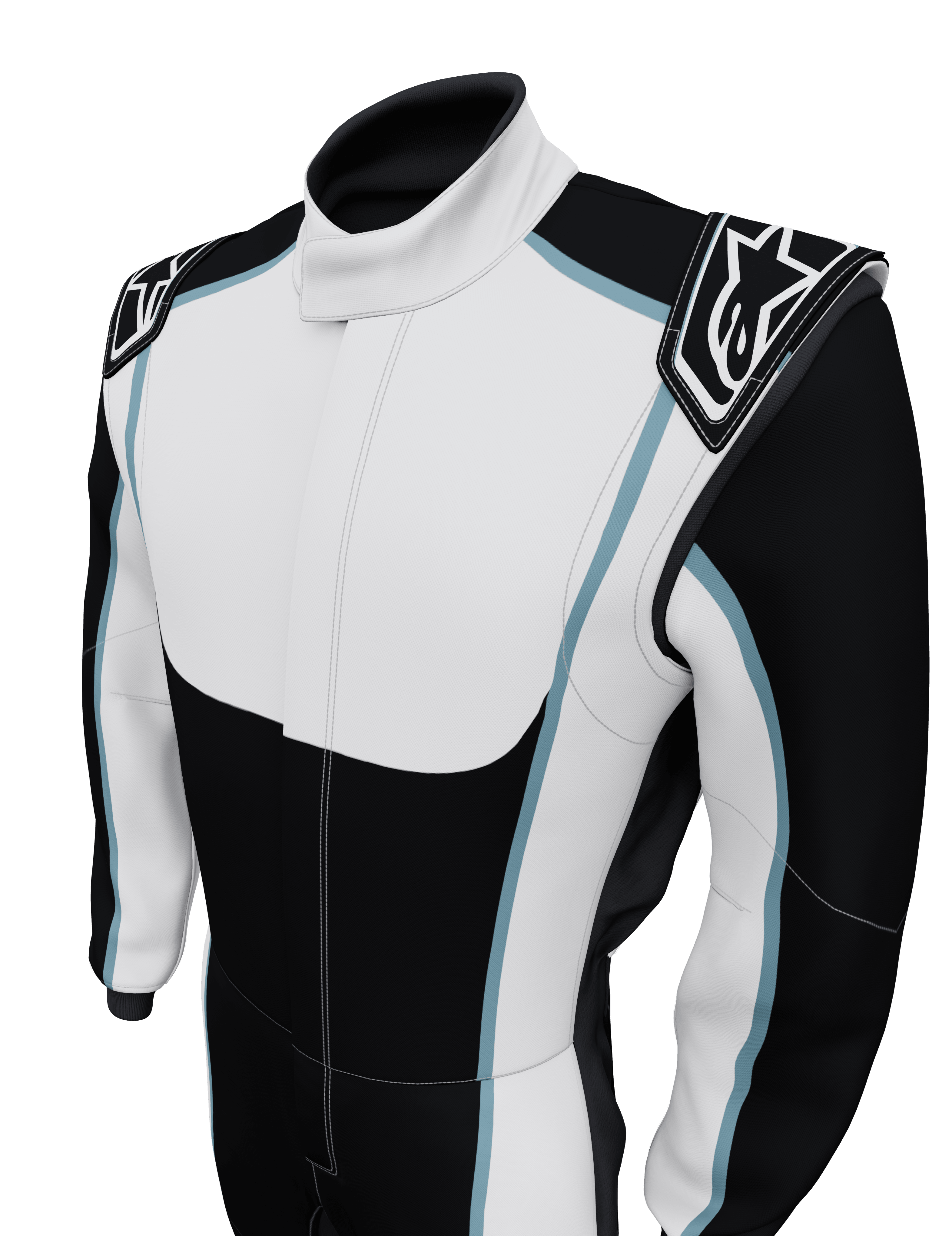 Alpinestars Tech Vision V3 Custom Suit, Auto Racing Suit, Black and White with light blue accents, featuring shoulder epaulettes with Alpinestars logo, professional motorsport design