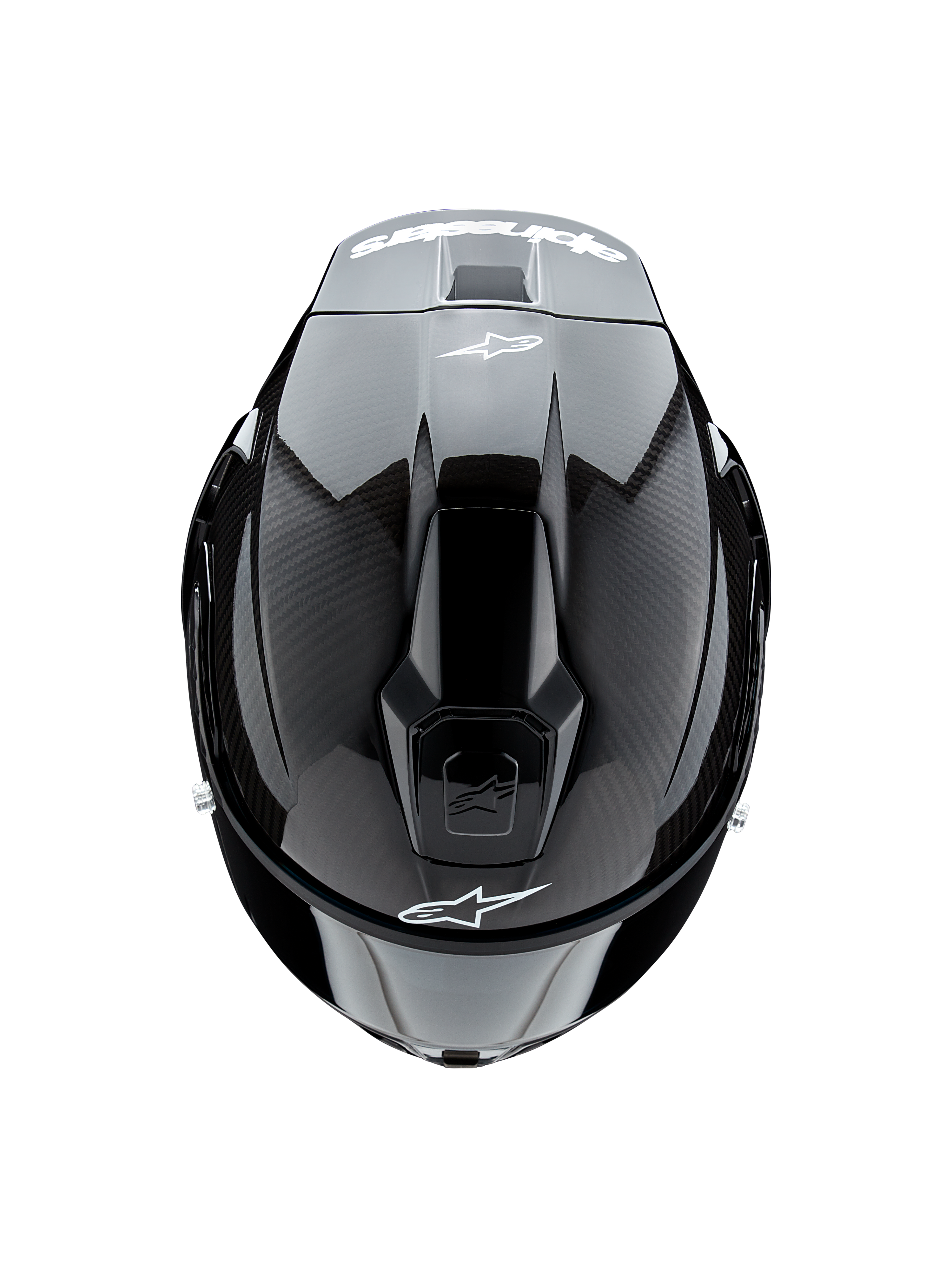 Alpinestars Supertech R10 Solid Helmet, Top View, Black Carbon Matte and Glossy, showing carbon fiber texture on sides, glossy center section, aerodynamic vents, and white Alpinestars logo on front and rear
