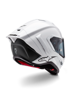 Alpinestars Supertech R10 Solid Helmet, full-face motorcycle racing helmet, White Glossy and Black Matte, rear three-quarter view featuring aerodynamic spoiler, side winglets, and black logo branding