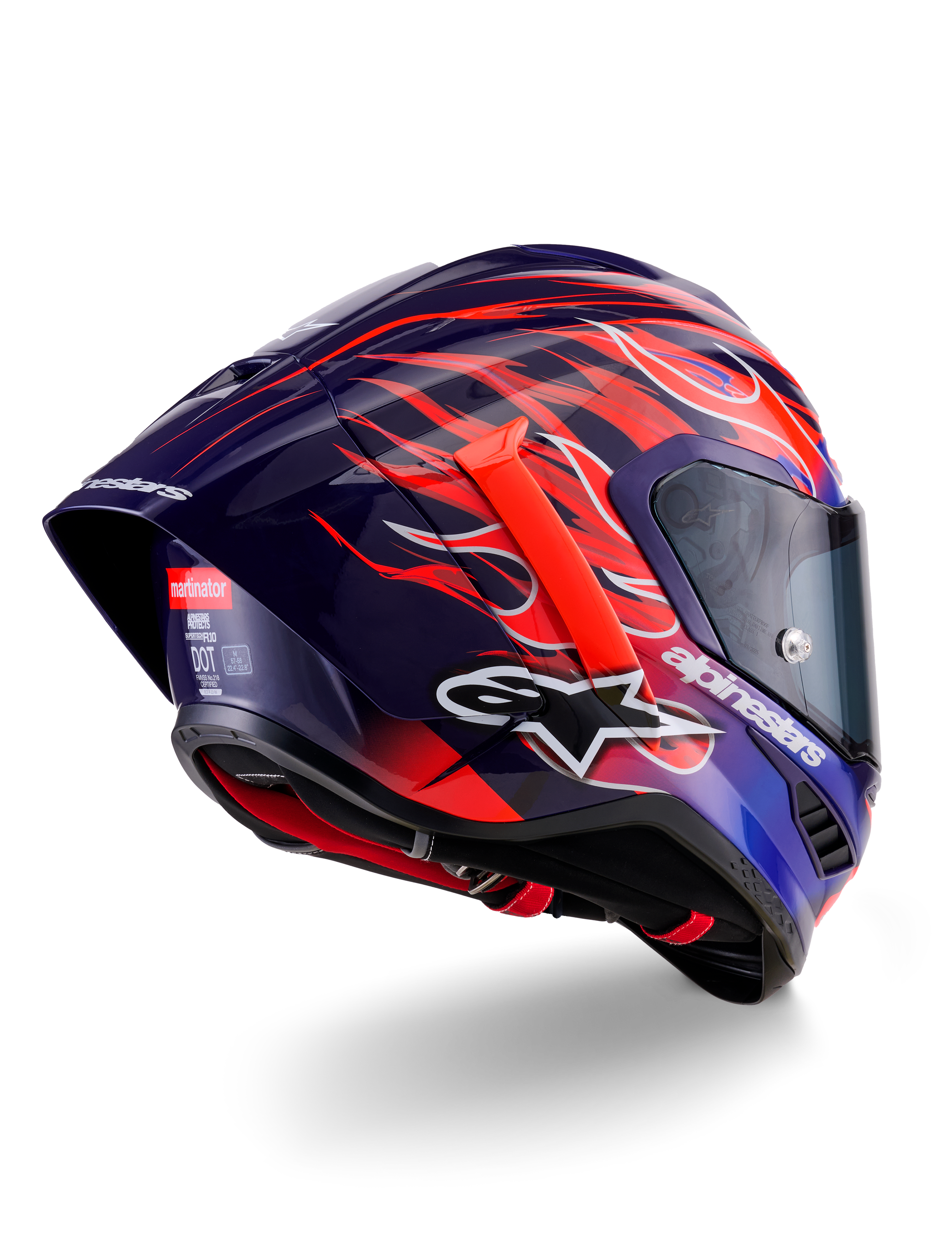 Alpinestars Supertech R10 Limited Edition Flyte Helmet, Full-Face Racing Helmet, Glossy Deep Purple and Blue with Orange and Red Flame Graphics, featuring white Alpinestars logo and aerodynamic rear spoiler, high-performance motorsport head protection