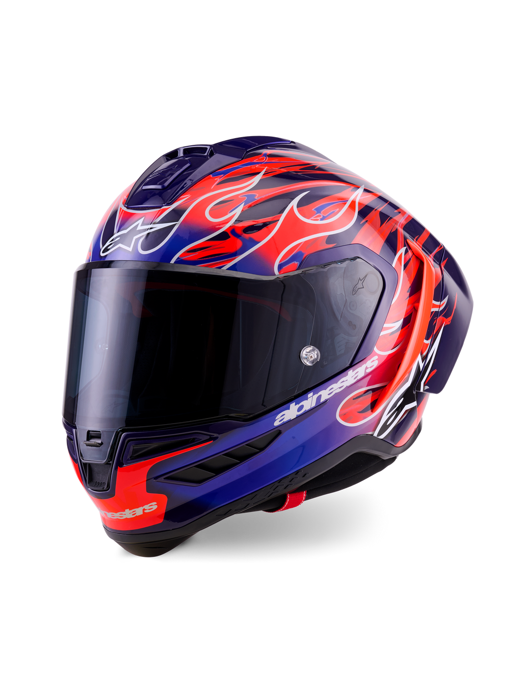 Alpinestars Supertech R10 Limited Edition Flyte Helmet, Full-Face Racing Helmet, Purple and Deep Blue with Vibrant Orange Flame Graphics, features a dark smoke visor and aerodynamic shell, high-performance motorsport gear